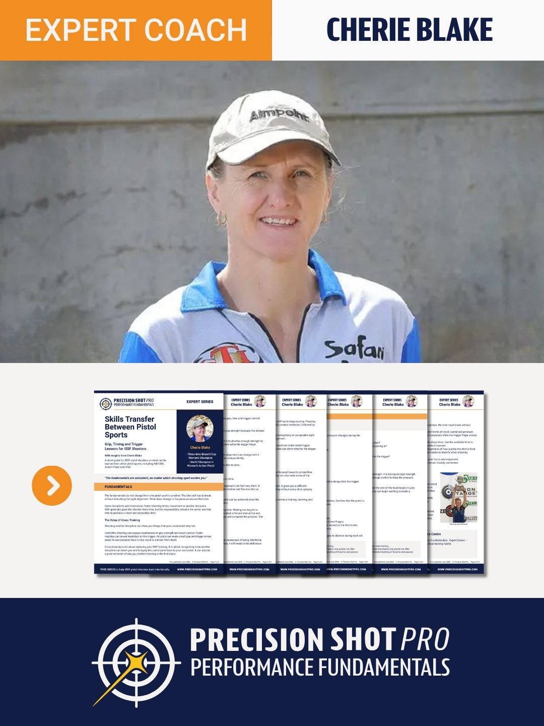 Promotional graphic for a coaching free pdf download featuring Cherie Blake, an expert coach, wearing a white cap and a blue-and-white athletic polo. Below the portrait are several pages from a document titled 'Skills Transfer Between Pistol Sports' and the bottom banner reads 'PRECISION SHOT PRO PERFORMANCE FUNDAMENTALS.
