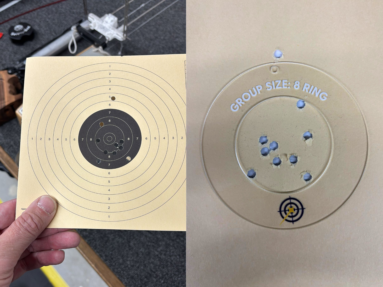 ISSF 10 m air pistol target with shot group and 8-ring group-size overlay.