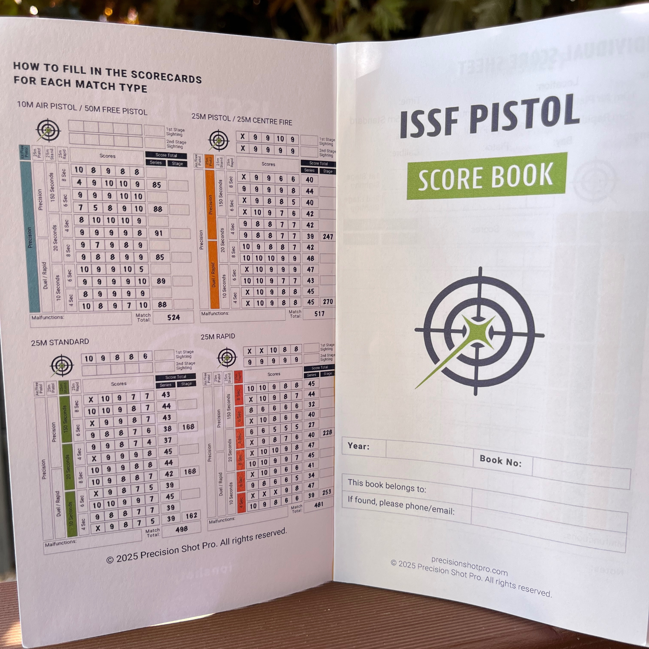 Open ISSF Pistol Score Book with instructions on how to fill it out.