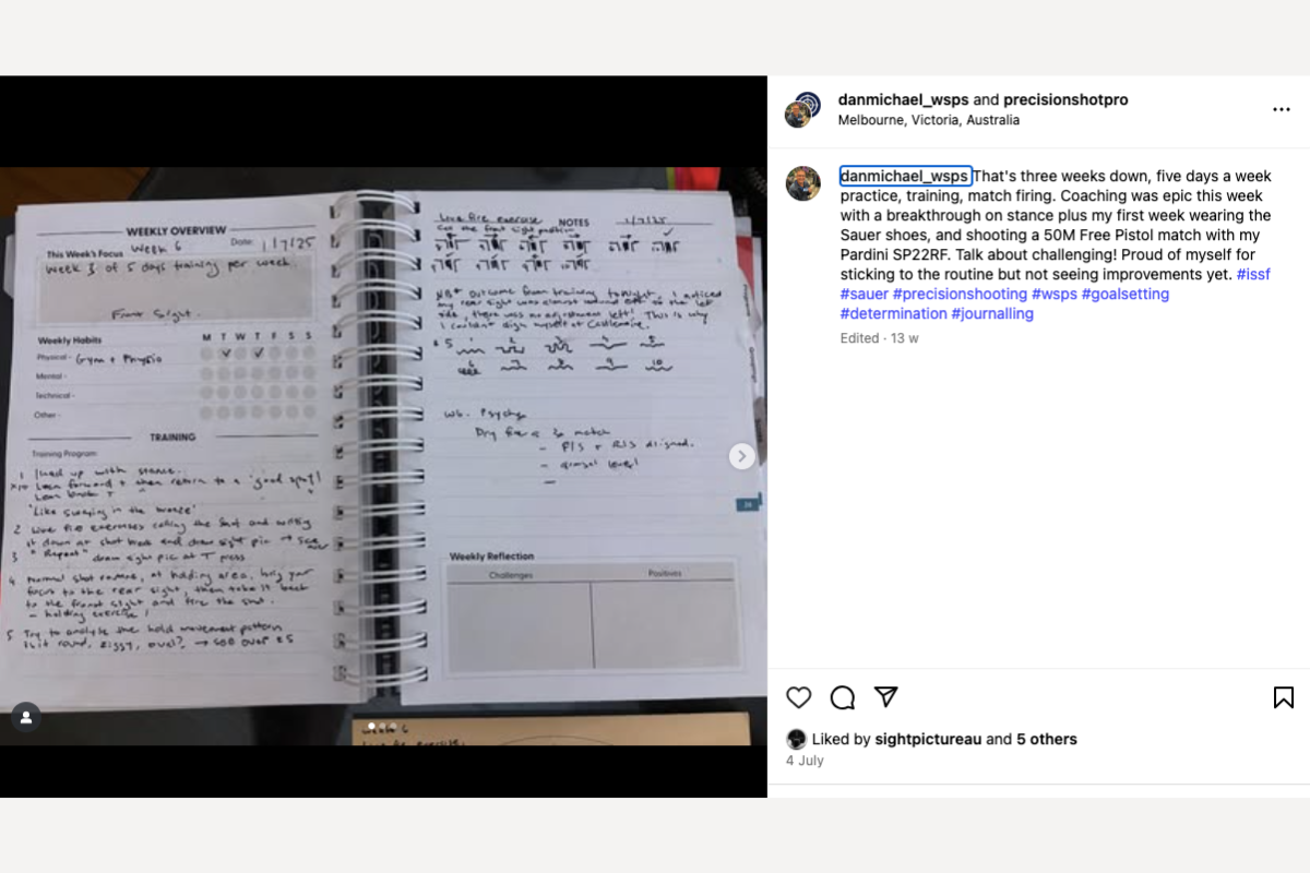 Shooter logging scores and notes in the Precision Shot Pro training journal